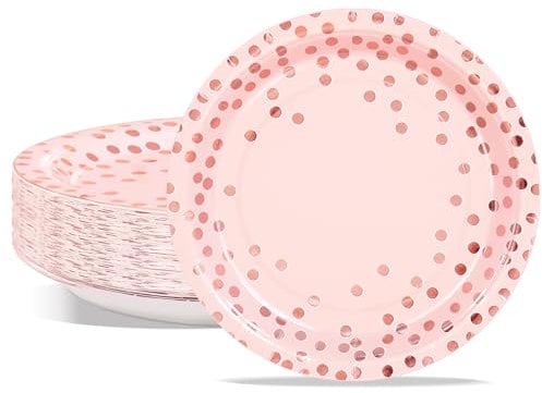 AIPartywar Party Paper Plates, 50-Pack Disposable Pink and Rose Gold Plates, Foil Polka Dots, 9-Inch Dinner Plates for Graduation Wedding Birthday Party