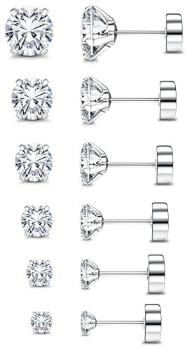 CASSIECA 6Paar Titan Ohrstecker für Damen Herren Medizinische Ohrstecker Set Titan Ohrringe Silber Ohrringe Chirurgenstahl Geschenke für Damen Herren mit Schmuckkästchen 2mm/3mm/4mm/5mm/6mm/8mm
