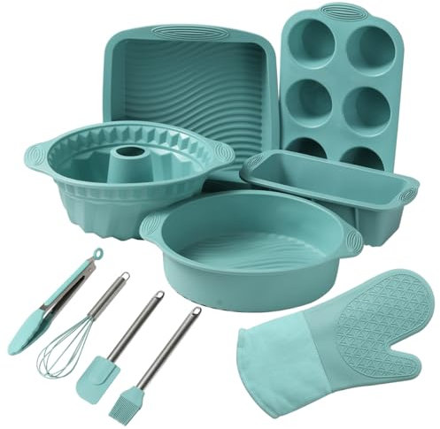 10in1 Nonstick Silicone Baking Cake Pan Cookie Sheet Molds Tray Set for Oven, BPA Free Heat Resistant Bakeware Suppliers Tools Kit for Muffin Loaf Bread Pizza Cheesecake Cupcake Pie Utensil (Blue)