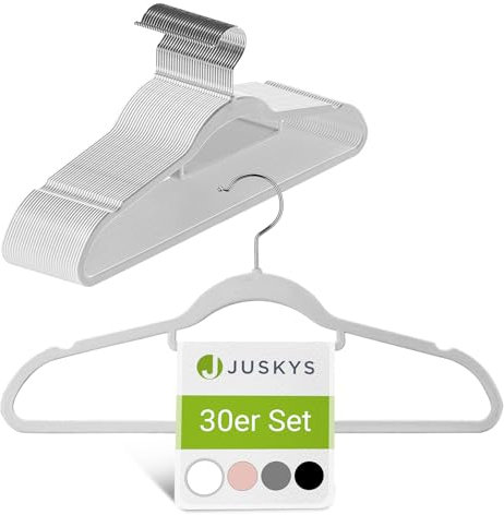 Juskys Kleiderbügel Samt 30er Set - Bügel rutschfest, schmal, platzsparend - Samtbügel beflockt - Haken drehbar - 30 Stück Aufhänger Weiß