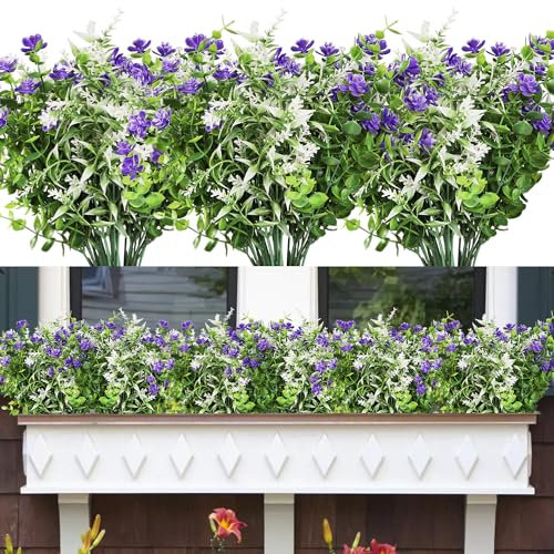 Famibay 6 Bündel Kunstpflanzen Outdoor Künstliche Blumen Wetterfest UV Beständige Künstliche Pflanzen Grün Plastik Pflanzen Balkon für Balkonkasten Garten Fenster Innen Außen