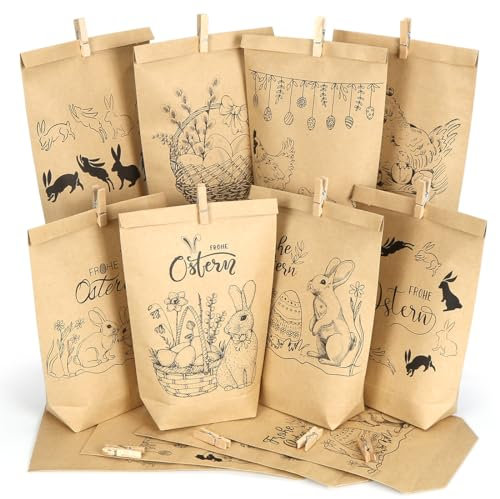 Geschenktüten zu Ostern, 12 Schwarz bedruckte Osterhase Papiertüten Set, Bedruckte Ostertüten zum Befüllen, Ostern Papiertüten, Ostereiern und Frohe Ostern Geschenktüten für Osternest Dekoration