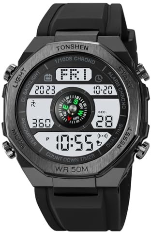 TONSHEN Herren Elektronik Kompass Outdoor Sport Uhren Digitaluhr Wasserdicht LED Multifunktional Schrittzähler Kalorien Double Zeit Alarm Militär Armbanduhr (Schwarz)