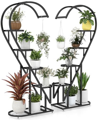 COSTWAY Support pour Plantes en Métal à 5 Niveaux, Étagère à Fleurs avec Crochet, Porte Plantes en Forme d'Échelle et de Demi-cœur, pour Salon, Balcon, 71 x 30,5 x 148 CM (Noir)