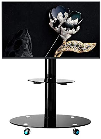 Meuble TV pour Salle de conférence Support TV Mobile Plateau en Verre trempé antirouille Plateau en Acier laminé à Froid Angles Gauche et Droit réglables Rotation Fine à 360°