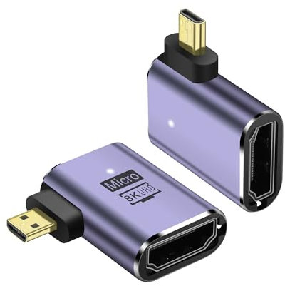PNGKNYOCN 8K Micro HDMI to HDMI Adapter,2-Pack 90 Degree Right Angle Micro HDMI Male to HDMI 2.1 Female Bidirectional Connector Converter Support 8K@60Hz HDTV (Right Bend)