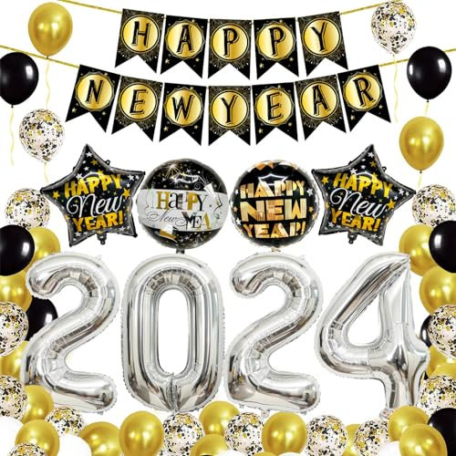 2024 Neujahr Party Dekoration Set Happy New Year Ballon Zubehör Foto Requisiten mit Banner Zahlenballon Party Dekoration Set