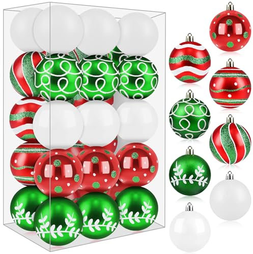 30 Stück 6,9 cm große Weihnachtskugel-Ornamente, Kunststoff-Hängedekorationen, Elfen-Kugeln, bruchsichere Grinch-Ornamente für Weihnachtsbaum, glitzernde rot-grün-weiße Weihnachtsschmuck für