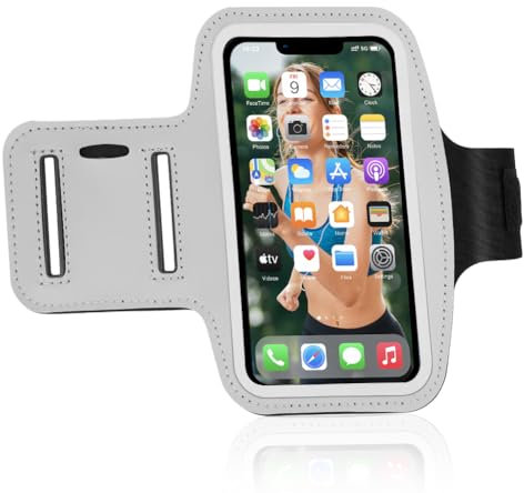 Flintronic Sports Arm Phone Case Holder, Running Armband, Sports Running Armband with Key and Headphone Slot, for iPhone 14/14 Pro/13/13 Pro, Galaxy S22, for Phones up to 6.1, Grey
