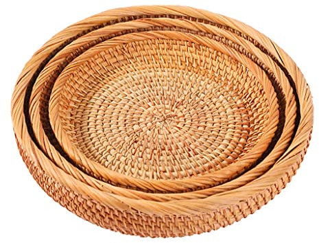 Meiliyizu Rattan handgewebte Aufbewahrungskörbe 3er Set für Wohnzimmer Tisch Serviertablett