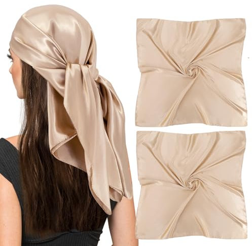 Vimate 35'' Seiden-Kopftuch - Sommer Quadratisches Bandana für Damen, Satin Haar- und Halsschal für die Nacht (2er Pack-Kamel)