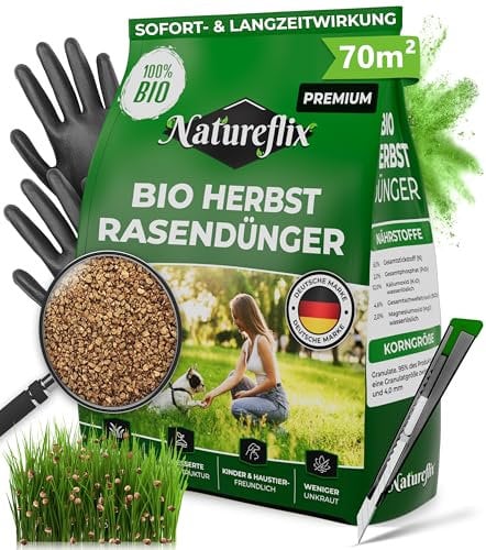 Natureflix BIO Herbstrasendünger mit Langzeitwirkung | Frost- & Winter-Rundumschutz| Organischer Rasendünger verdrängt Moos | (Körnung 1-4mm) für Streuwagen | Sicher für Kind & Tier (2,5kg für 70m²)