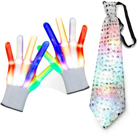 LED Handschuhe, LED Lichtkrawatte, LED Handschuhe 23,5 cm, für Weihnachten Ostern Halloween Thanksgiving Cosplay-Party Welttag des Buches Kostüm, Geburtstagsgeschenke für Jungen und Mädchen - Bunt