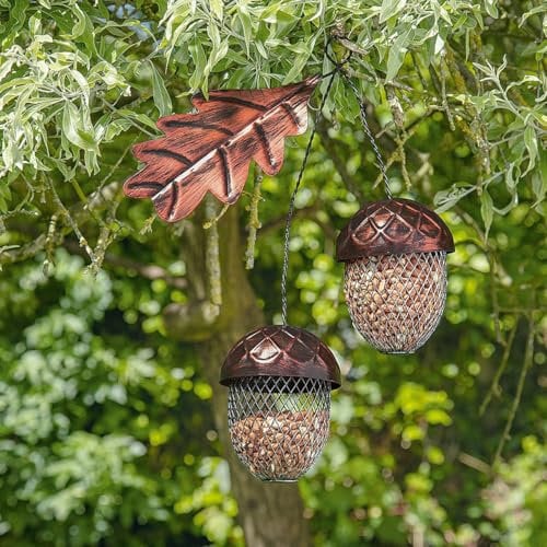 Acorn Shaped Metal Bird Feeder - Rustic Decorative Rust-Proof Iron Outdoor Garden Seed or Peanut Feeding Station, Hang from Wall, Fence, Hook or Tree Branch – H44 x W30 x D12cm