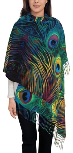 JEKYDOSD Pashmina-Schal mit buntem Pfauen-Druck, Quaste, weicher Kaschmir-Schal, Schwarz, Einheitsgröße