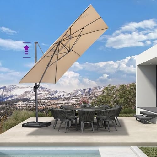PURPLE LEAF Ombrellone da Giardino Esterno Telescopico 350 × 350 cm Quadrato Ombrellone Deportato con Sollevamento e Abbassamento, Inclinabile e Girevole a 360°, Protezione UPF 50+, Cachi