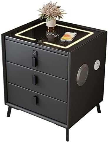 Wireless Charging Station Nightstand with Bluetooth Speaker, Fingerprint Lock, LED Lights, and 3 Drawers - Modern Bedside Table for Bedroom