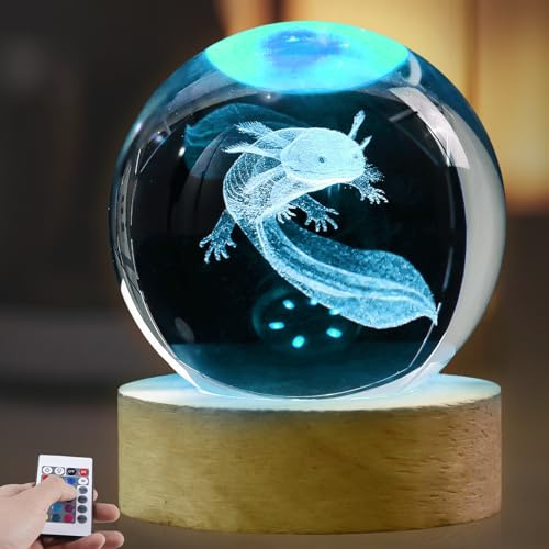 GOMETY Axolotl Kristallkugel Nachtlicht, 16 Farben 3D-Axolotl-Glaskugel-Nachtlampe mit Fernbedienung, 8cm Axolotl Geschenke mit Holz Lampe Basis, Klar Axolotl dekoratives lampen für Jungen Mädchen