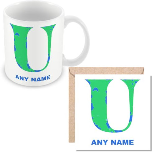 MUGGZ - Personalised - Unique Alphabet Name Mug - Mug and Large Greetings Card Set - Add Name Text - Giftset - Made in The UK