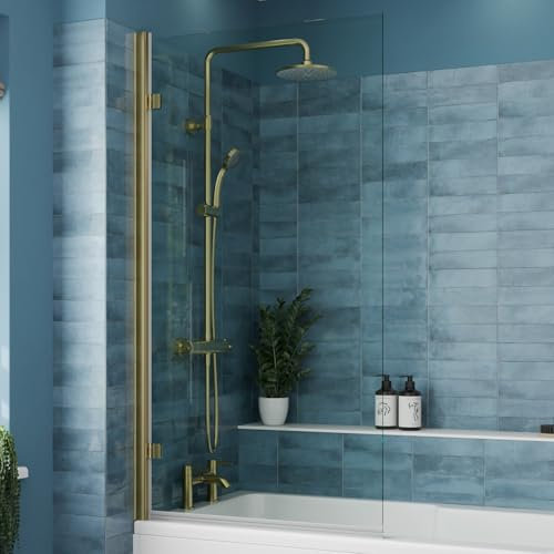 Luxura® 1520 x 830mm Brushed Brass Over Bath Shower Screen Hinged Panels & Screens for Baths Bathroom Frameless Square 6mm Clear Toughened Safety Glass