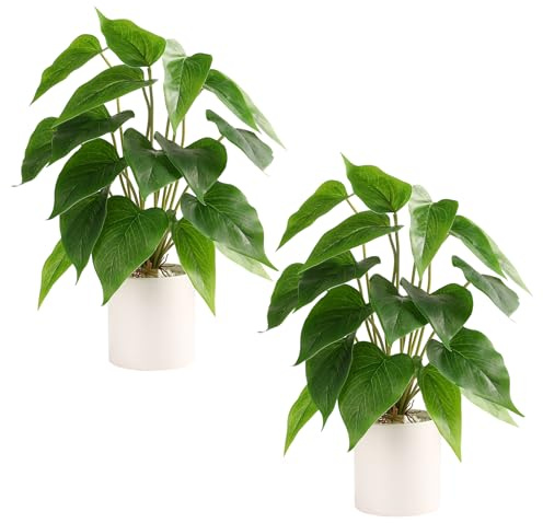 Floweroyal 2 piante finte in vaso di ceramica, piante finte in vaso, per interni, pianta a foglia verde con fioriera bianca, per scrivania, mensola da ufficio, bagno, camera da letto (Pothos)