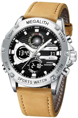 MEGALITH Herren Uhr Digital Lederarmband: Braunes Analog Wasserdicht Armbanduhren für Herren - Groß Ziffernblatt Quarz Männer Sport Uhren - Mode Männer Geschenke
