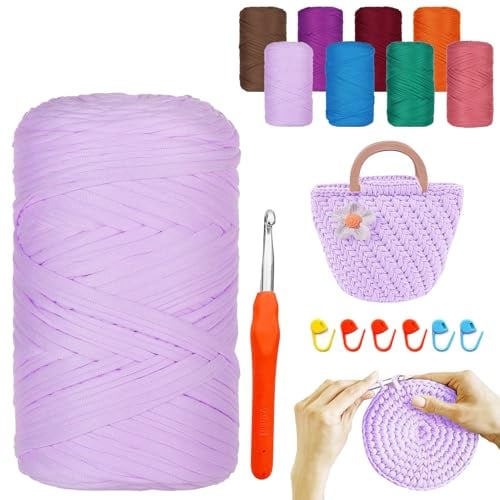 YushengTai Fettuccia, 400G/120M Fettuccia per Uncinetto con Aghi da 9,0 mm 6 Supporti, Filati per Borse Uncinetto Per Borse, Cestini, Coperte, Decorazioni per la Casa（Viola Chiaro）