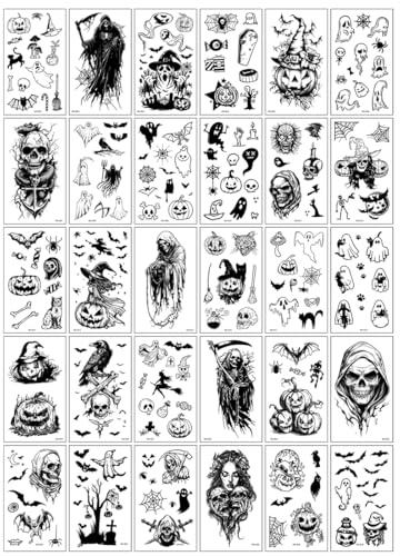 AEKZOX Tatuaggi Halloween 3D Realistici, Adesivi Temporanei Impermeabili con Motivi di Ragni, Pipistrelli e Ragnatele per Trucco e Costumi di Halloween