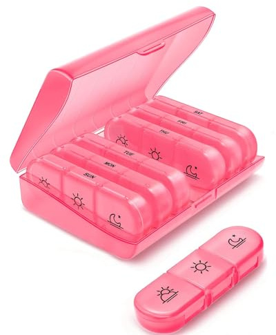 FUGLUS Wöchentliche Pillendose mit 7 Tagen & 3 Fächern, Große Tragbare Tablettenbox für Medikamente, Vitamine, Fischöl und Nahrungsergänzungsmittel mit Separaten Fächern (Rosa)