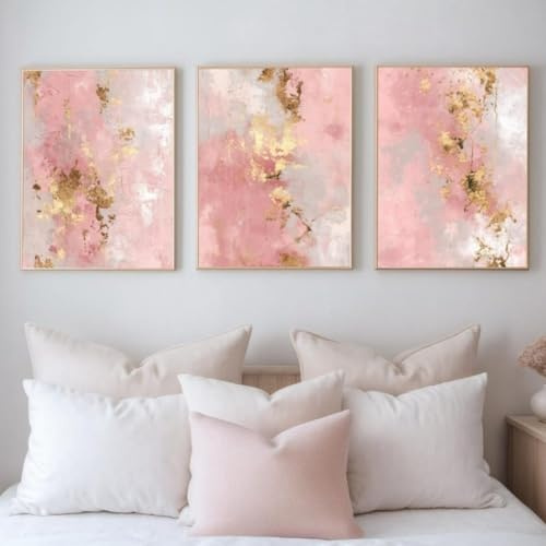 Xiyocadt 3er Poster Set,Rosa abstrakte Wandkunst,Leinwandbild mit Rosa und Goldener Marmor, Modern Abstrakte Kunst,für Mädchenzimmer, Schlafzimmer, Inneneinrichtung, Ohne Rahmen (50x70cm)