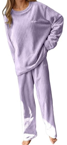 Duohropke Pigiama invernale da donna, in pile, 2 pezzi, morbido, termico, in due pezzi, camicia da notte, elegante a maniche lunghe, in flanella, per la casa, calda biancheria da notte