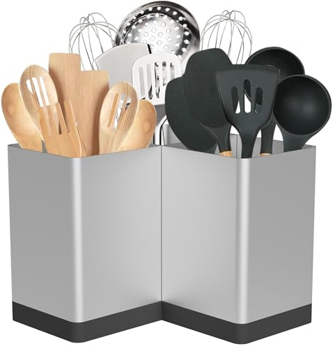 Suli Soporte extragrande Porta utensilios cocina,3 compartimento, plateado | porta utensilios de cocina,EMueble de cocina rústico para encimera,de esquina, con 3 compartimentos