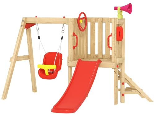 Outsunny Columpio y Tobogán Infantil 5 en 1 Parque Infantil Exterior Rojo | de Madera, Volante, Bocina, Teléfono, para Niños 18-48 Meses, para Patio, Césped