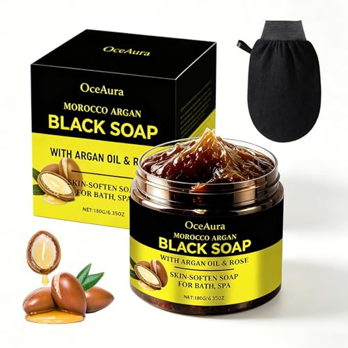 180g Schwarze Seife Marokko Körperpeeling, Sanfte Reinigung, Duschpeeling | Morocco Black Soap mit Arganöl & Rosenöl, Peeling & Feuchtigkeitspflege, Für Frische und Geschmeidige Haut