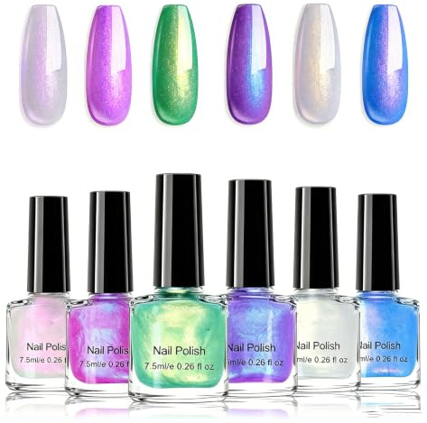 6 Colours Pearl Nail Polish Set - Mermaid Shimmer Nail Varnish, Quick Dry Non UV Oil Based Nail Lacquer, Air Drying Pearl Effect Fingernail Polish Kit for Women Home DIY Manicure