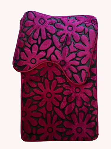 De Lavish Bath Mat Set 2 Piece Non Slip Rubber Pedestal and Bath Mat Toilet Floral Bathroom Rug Black/Plum 50 cm x 80 cm and 50 cm x 40 cm