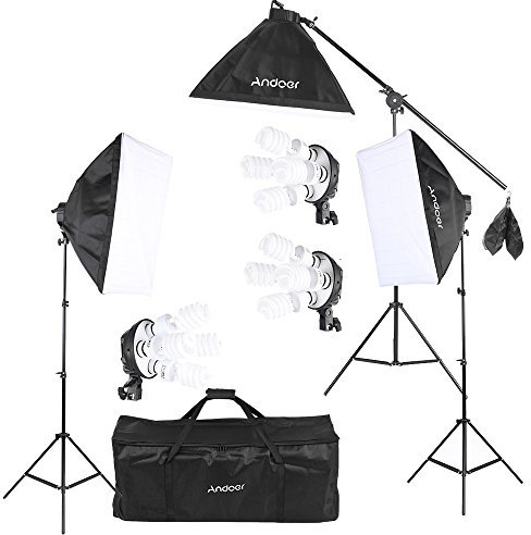 Andoer Fotostudio Softbox Beleuchtungsset 3 Packung mit 45W LED Fotolicht 4 in 1 Lampenfassung Softbox Lichtständer und Tragetasche für Portrait- und Productfotografie