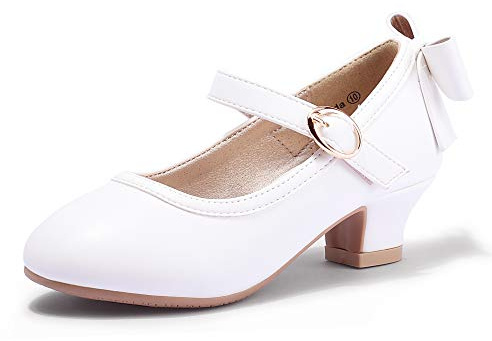 PANDANINJIA Girls Toddler/Little Kid Jada Dress Mary Jane Pumps with Heels Bow Party Wedding Princess Shoes (White Pu, 13 M US Little Kid)