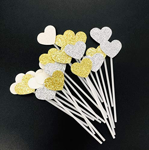 AILEXI Handmade 20 Counts 3 Colors Glitter Cake Decorating Toppers for cake cupcake and ice-cream - Gold/Silber/Weiße kleine Herzen