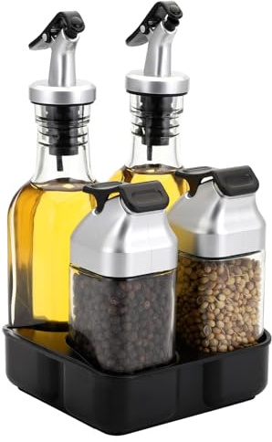 Jucoan 5 PCS Oil Vinegar Dispenser Bottles Set with Caddy Stand, Tabletop Glass Salt Pepper Shaker Olive Oil Vinegar Cruets Set with Tray for Home Kitchen Restaurant RV Camp Travel Wedding Party