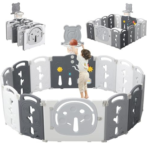 YOLEO Laufstall Baby 153×153 cm, Laufgitter Baby, Laufstall Faltbar, Laufgitter Faltbar, Kinderlaufstall mit Basketballkorb, Playpen mit Tür und Spielzeugboard, Playpen aus Kunststoff, Babyzaun, Grau