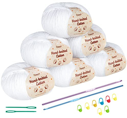 Homewit Cotton Yarn for Crochet Set, 6 Pack Cotton Crochet Yarn with Other Accessories, 50g Soft Professional Knitting Yarn for Baby Clothes, Hats, Towels, Gloves, Yarn Projects Handcrafts, White