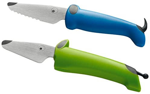 Kuhn Rikon Kinderkitchen® Kids Chef Knife Set 6, 2 Pieces, Green/Blue | Straight Edge & Serrated Knife | Cutting Tool Made for Real Cooking | Child Friendly Dog Design With Hand Guard For Safety