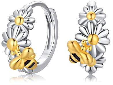 Gänseblümchen Ohrringe Hypoallergen 925er Sterling Silber Biene mit kleiner Gänseblümchen-Blume Creolen Geschenk für Frauen Teenager Mutter