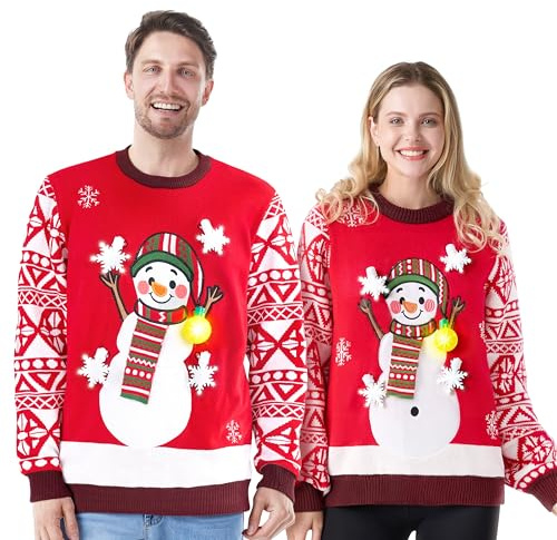 JOYIN Adult Christmas Snowman Ugly Sweater LED Light Up Xmas Sweater Built-in Light Bulbs Novelty Pullover for Women Men Party Fun (Red, Medium)