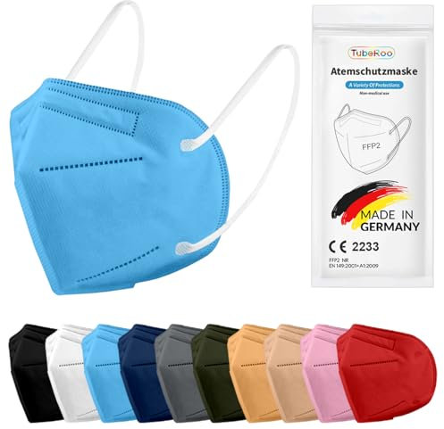 TubeRoo FFP2 Maske blau hellblau 20 Stück Masken aus Deutschland, Made in Germany, weiche Ohrschlaufen Bänder, Atemschutzmaske, Mundschutz, Schutzmaske, Staubmaske, Feinstaubmaske