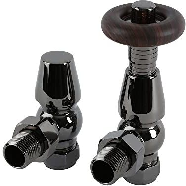 MILANO Black Nickel Antique Style Thermostatic Angled Radiator Valves | Brass Construction. Fits Radiators & Towel Rails. Angled Valve Design. Traditional Style. 1/2 Threads. Fits 15mm Pipes.
