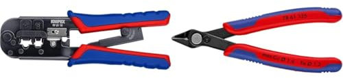 KNIPEX Crimpzange für Westernstecker, 97 51 10 & Electronic Super Knips, Elektronik-Seitenschneider für weiche Drähte und Lichtwellenleiter LWL, Rostschutz brüniert, 125 mm, 78 61 125, Rot/blau