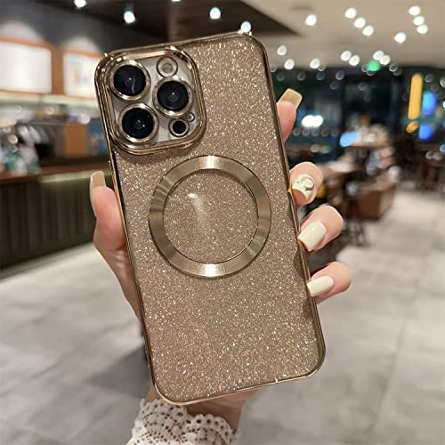 Emlivi Kompatibel mit iPhone 14 Plus Hülle Silikon Glitzer Magnetisch Handyhülle Pailletten Kameraschutz TPU Case Cover Mädchen Glitter Schutzhülle für iPhone 14 Plus-Golden