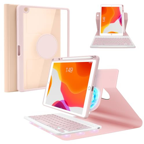 SOPPY Keyboard Case for iPad 9th Gen 2021/ 8th Gen 2020/ 7th Gen 2019 10.2-inch, Slim Protective Cover, Magnetically Rotatable Detachable Keyboard, with Pencil Holder, UK Layout - Pink